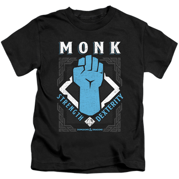 Black kid's t-shirt for ages 4 to 7 with Dungeons & Dragons Monk graphic