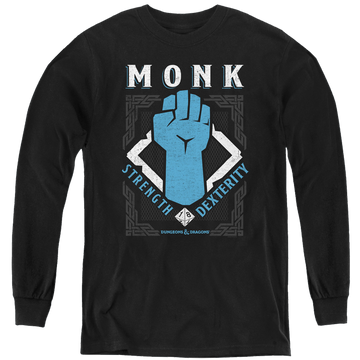 Black youth long sleeve t-shirt with Dungeons & Dragons Monk graphic