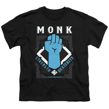 Black youth t-shirt for ages 8 to 12 with Dungeons & Dragons Monk graphic