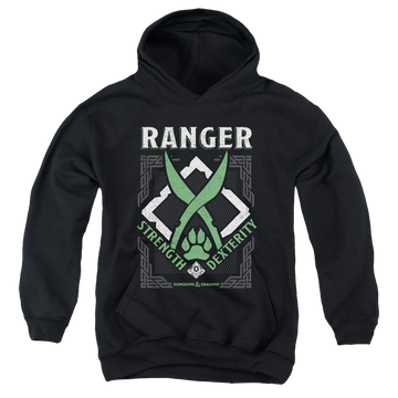 Black youth hoodie for ages 8 to 12 with Dungeons & Dragons Ranger graphic