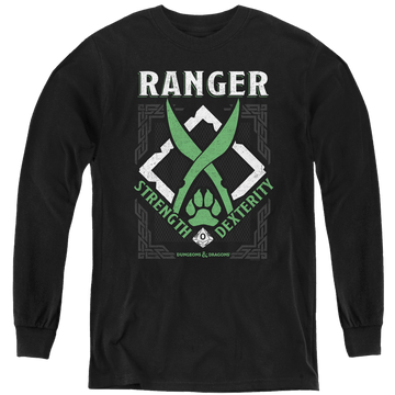 Black youth long sleeve t-shirt with Dungeons & Dragons Ranger graphic
