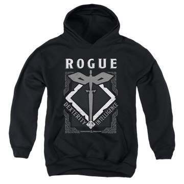 Black youth hoodie for ages 8 to 12 with Dungeons & Dragons Rogue graphic