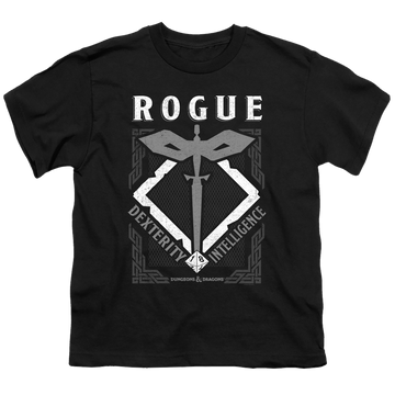 Black youth t-shirt for ages 8 to 12 with Dungeons & Dragons Rogue graphic