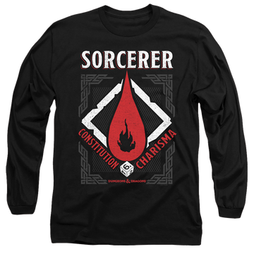 Black men's long sleeve t-shirt with Dungeons & Dragons Sorcerer graphic