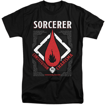 Black men's tall fit t-shirt with Dungeons & Dragons Sorcerer graphic