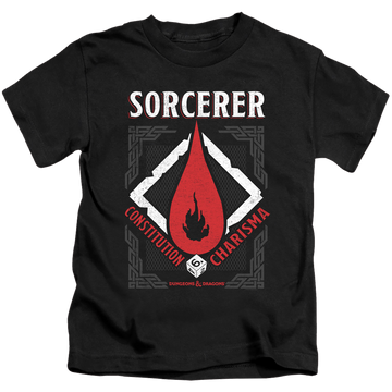 Black kid's t-shirt for ages 4 to 7 with Dungeons & Dragons Sorcerer graphic