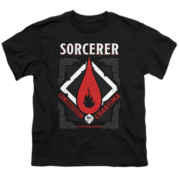 Black youth t-shirt for ages 8 to 12 with Dungeons & Dragons Sorcerer graphic