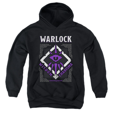 Black youth hoodie for ages 8 to 12 with Dungeons & Dragons Warlock graphic