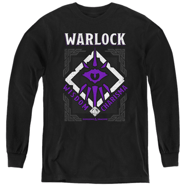 Black youth long sleeve t-shirt with Dungeons & Dragons Warlock graphic