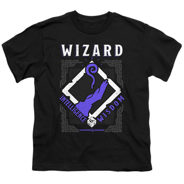 Black youth t-shirt for ages 8 to 12 with Dungeons & Dragons Wizard graphic