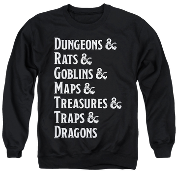 Black men's crewneck sweatshirt with Dungeons & Dragons Dungeon List graphic