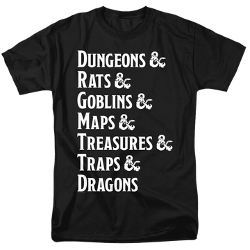 Black men's regular fit t-shirt with Dungeons & Dragons Dungeon List graphic