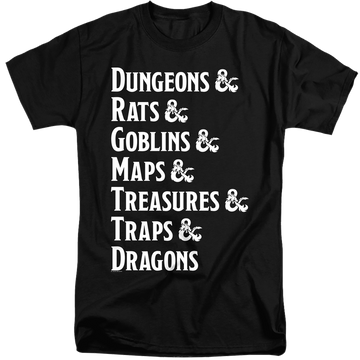 Black men's tall fit t-shirt with Dungeons & Dragons Dungeon List graphic