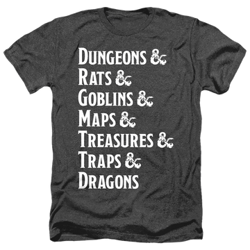 Charcoal men's heather t-shirt with Dungeons & Dragons Dungeon List graphic