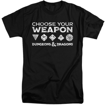 Black men's tall fit t-shirt with Dungeons & Dragons Choose Your Weapon graphic