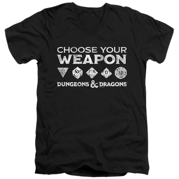 Black men's v-neck t-shirt with Dungeons & Dragons Choose Your Weapon graphic