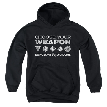Black youth hoodie for ages 8 to 12 with Dungeons & Dragons Choose Your Weapon graphic