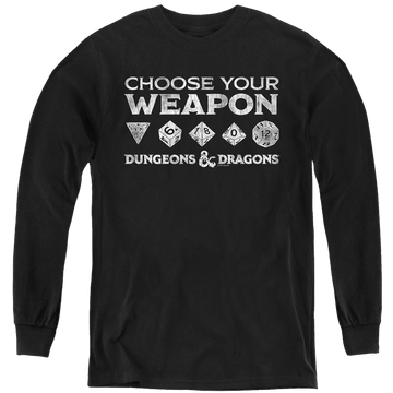 Black youth long sleeve t-shirt with Dungeons & Dragons Choose Your Weapon graphic