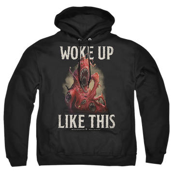Black pullover hoodie with Dungeons & Dragons Woke Like This graphic