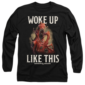 Black men's long sleeve t-shirt with Dungeons & Dragons Woke Like This graphic