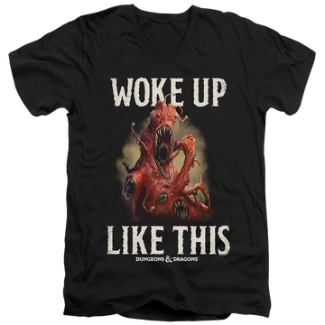 Black men's v-neck t-shirt with Dungeons & Dragons Woke Like This graphic