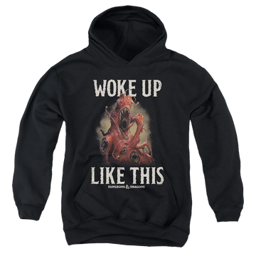 Black youth hoodie for ages 8 to 12 with Dungeons & Dragons Woke Like This graphic