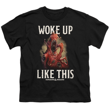 Black youth t-shirt for ages 8 to 12 with Dungeons & Dragons Woke Like This graphic