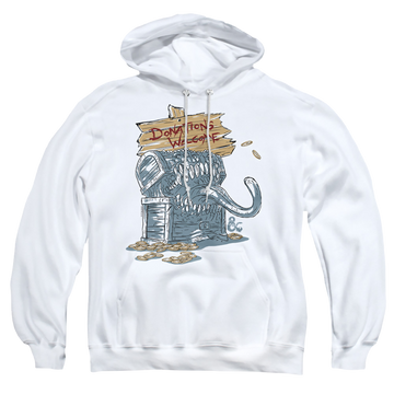 White pullover hoodie with Dungeons & Dragons Donations Welcome Mimic graphic