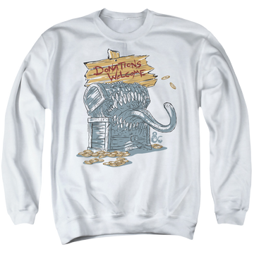 White men's crewneck sweatshirt with Dungeons & Dragons Donations Welcome Mimic graphic