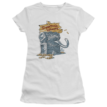 White juniors t-shirt with Dungeons & Dragons Donations Welcome Mimic graphic
