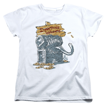 White women's t-shirt with Dungeons & Dragons Donations Welcome Mimic graphic