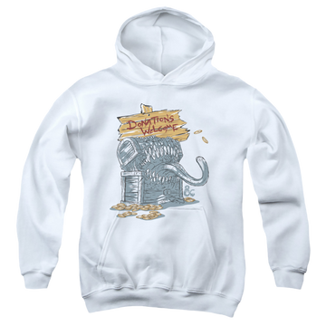 White youth hoodie for ages 8 to 12 with Dungeons & Dragons Donations Welcome Mimic graphic