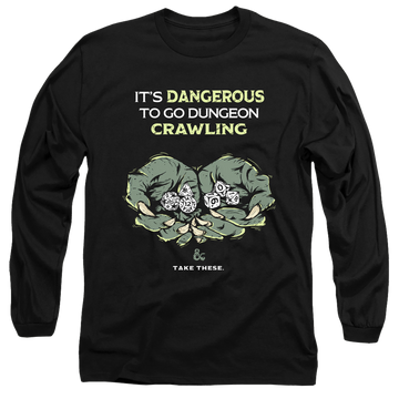 Black men's long sleeve t-shirt with Dungeons & Dragons Dangerous To Go Alone graphic
