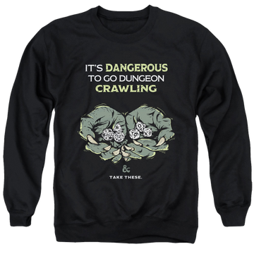 Black men's crewneck sweatshirt with Dungeons & Dragons Dangerous To Go Alone graphic