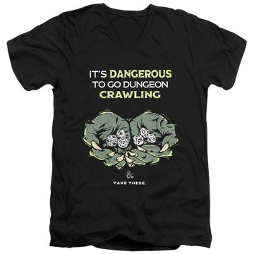 Black men's v-neck t-shirt with Dungeons & Dragons Dangerous To Go Alone graphic