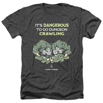 Charcoal men's heather t-shirt with Dungeons & Dragons Dangerous To Go Alone graphic