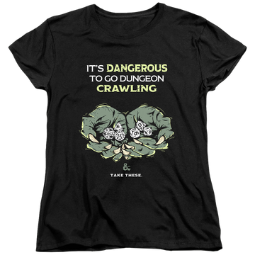 Black women's t-shirt with Dungeons & Dragons Dangerous To Go Alone graphic