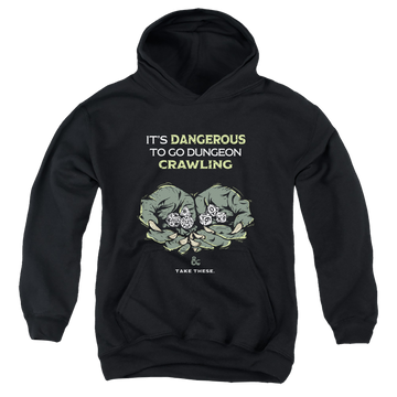 Black youth hoodie for ages 8 to 12 with Dungeons & Dragons Dangerous To Go Alone graphic