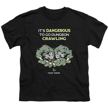 Black youth t-shirt for ages 8 to 12 with Dungeons & Dragons Dangerous To Go Alone graphic
