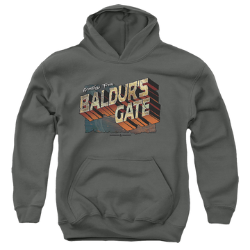 Charcoal youth hoodie for ages 8 to 12 with Dungeons & Dragons Baldurs Gate graphic