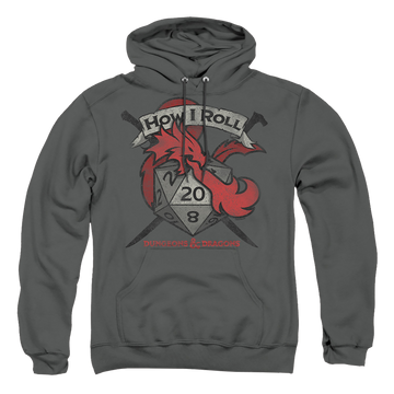 Charcoal pullover hoodie with Dungeons & Dragons How I Roll D And D graphic