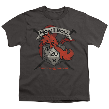 Charcoal youth t-shirt for ages 8 to 12 with Dungeons & Dragons How I Roll D And D graphic