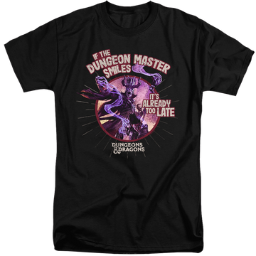 Black men's tall fit t-shirt with Dungeons & Dragons Dungeon Master Smiles graphic