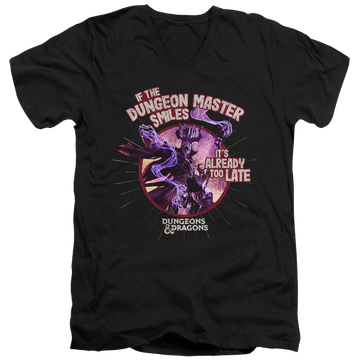 Black men's v-neck t-shirt with Dungeons & Dragons Dungeon Master Smiles graphic