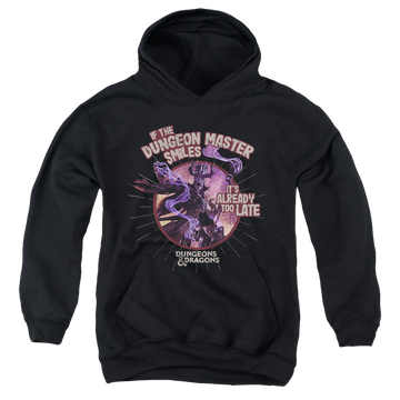Black youth hoodie for ages 8 to 12 with Dungeons & Dragons Dungeon Master Smiles graphic