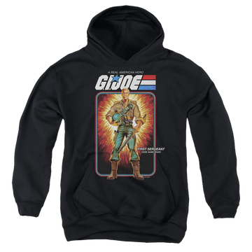 Black youth hoodie for ages 8 to 12 with G.I. Joe Duke Card graphic
