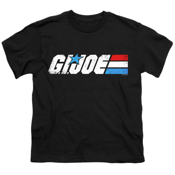 Black youth t-shirt for ages 8 to 12 with G.I. Joe Distressed Logo graphic