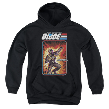 Black youth hoodie for ages 8 to 12 with G.I. Joe Snake Eyes Card graphic