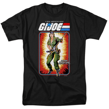 Black men's regular fit t-shirt with G.I. Joe Lady Jaye Card graphic
