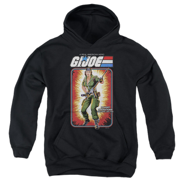 Black youth hoodie for ages 8 to 12 with G.I. Joe Lady Jaye Card graphic